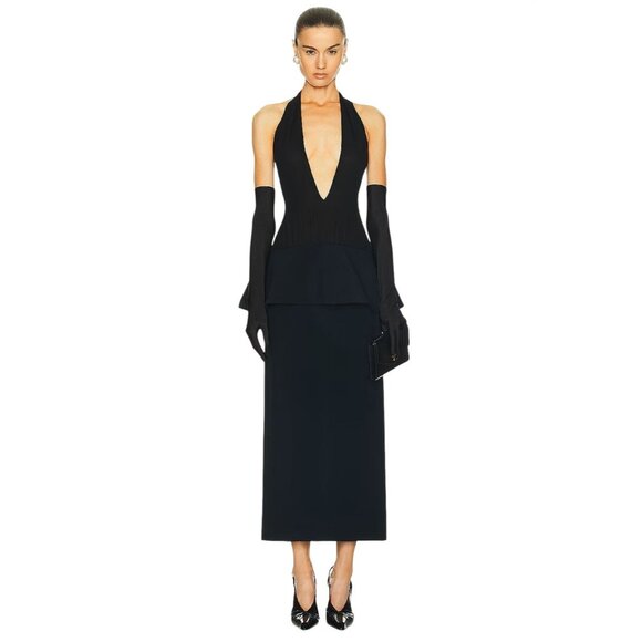 Rowen Rose Long Peplum Dress in Black 38 New Womens Maxi Plunge - Picture 1 of 9